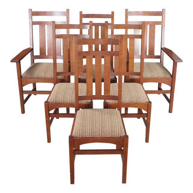 6 Stickley Mission Arts & Crafts Quartersawn Oak Harvey Ellis Dining Chairs For Sale