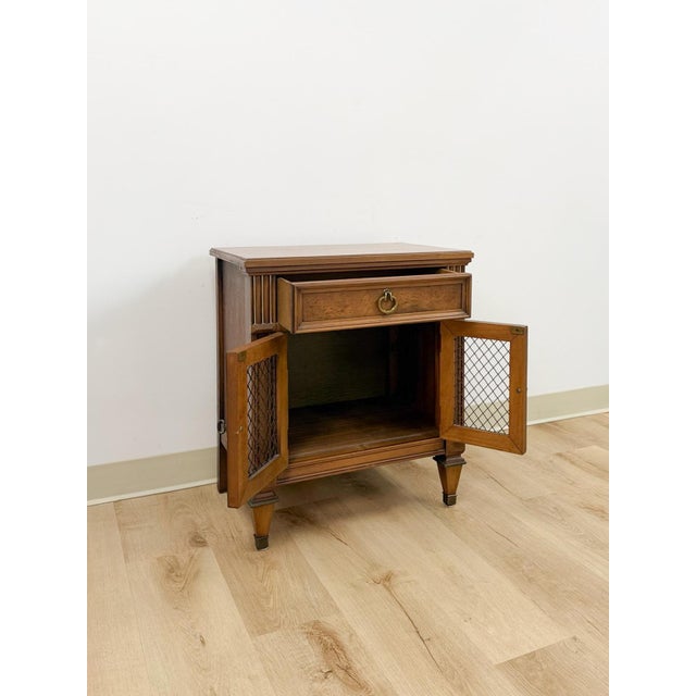 MCM Transitional Nightstand With Iron Grate Doors Single Drawer Vintage Ornate For Sale - Image 10 of 10