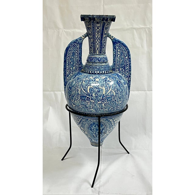 Antique 19th century Hispano-Moresque tin-glazed earthenware amphora vase with hand-painted cobalt blue designs of deer...