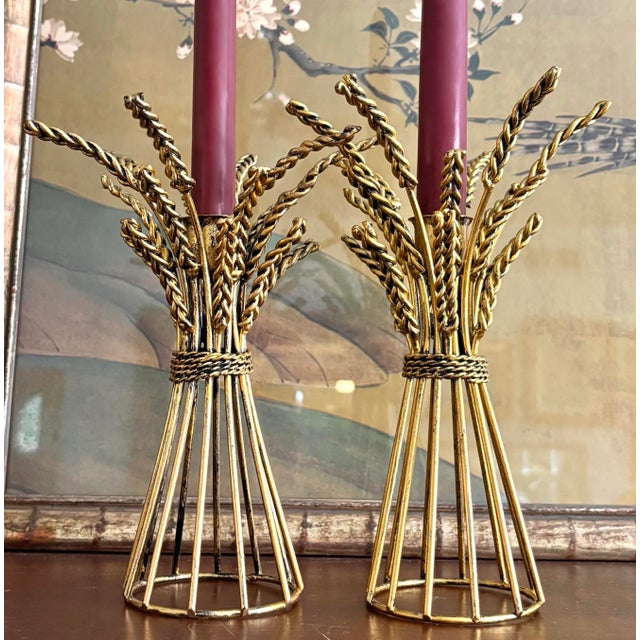 Hollywood Regency 1970s Italian Style Gilt Wheat Sheaf Candlestick Holders, a Pair For Sale - Image 3 of 5