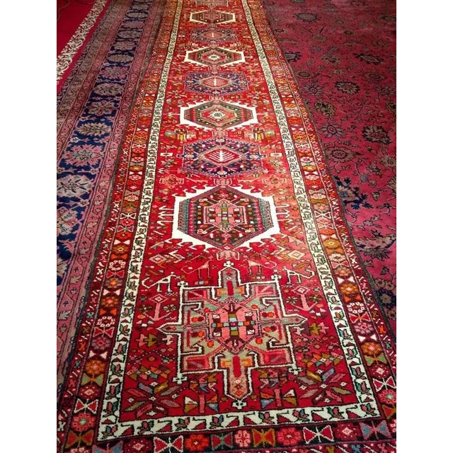 Antique Persian Heriz Karajeh Runner, Geometric Medallion Pattern, Red & Navy, 4’ X 14’ For Sale In Chicago - Image 6 of 7