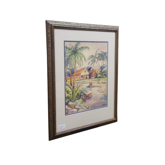 Vintage Talbot watercolor on silk titled Southeast Asian Village Scene. It depicts a village scene with two figures...