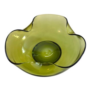 Vintage Olive Green Glass Bowl | Organic Freeform Scalloped Rim | Mid-Century Style For Sale
