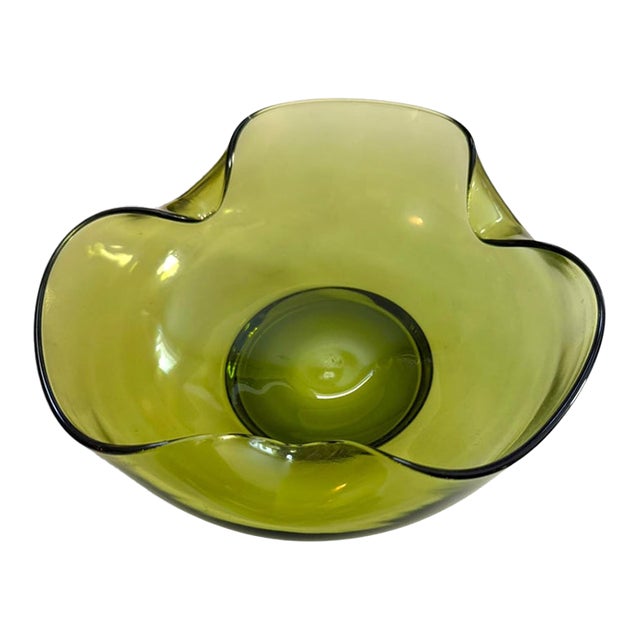 Vintage Olive Green Glass Bowl | Organic Freeform Scalloped Rim | Mid-Century Style For Sale