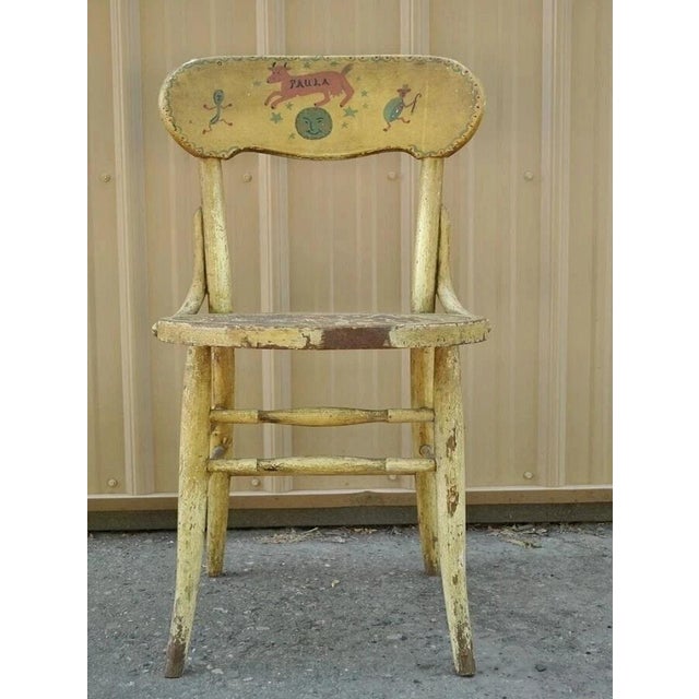 Antique Rustic Primitive Distress Hand Painted Nursery Rhymes Side Accent Chair. Circa Early 20th Century. Measurements:...