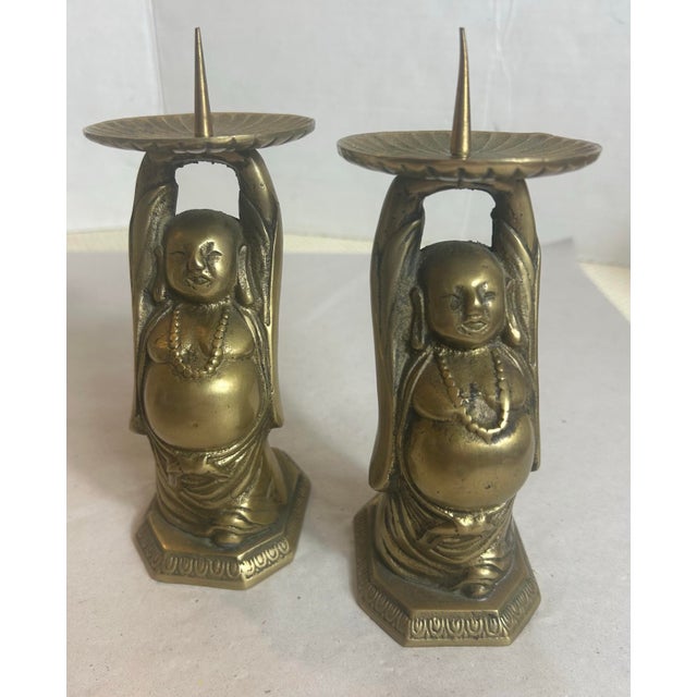 Vintage Brass Buddha Altar Candle Holders - A Pair For Sale - Image 9 of 12