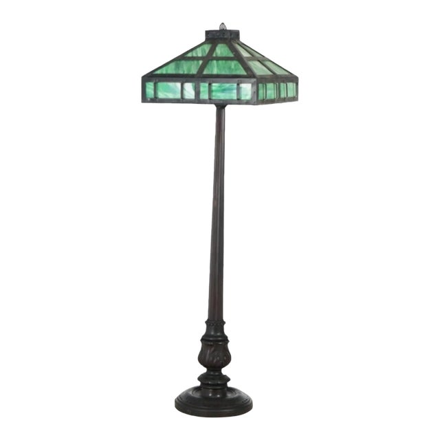 Early 20th Century Mission Arts & Crafts Style Metal Framed Slag Glass Floor Lamp Carved Wood Base For Sale