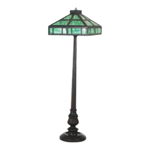 Early 20th Century Mission Arts & Crafts Style Metal Framed Slag Glass Floor Lamp Carved Wood Base