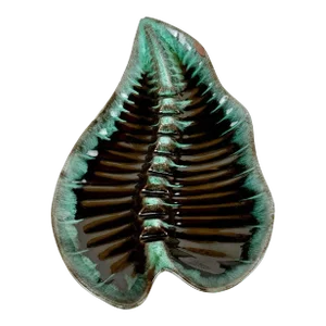 Mid-Century Porcelain Turquoise Drip Art Pottery Foliage Leaf Cigar Ashtray