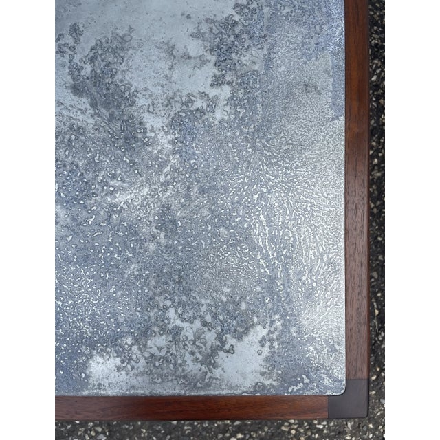 Mid-Century Modern Restored Harry Lunstead Acid Etched Zinc and Walnut Side Table For Sale - Image 3 of 12