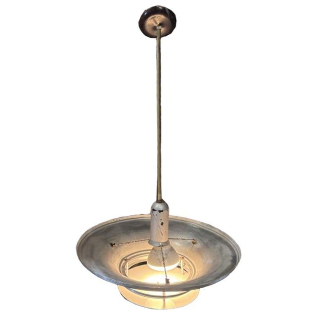 1930s 1930s Art Deco Machine Age Spun Aluminum 23" 2 Ring Pendant Light, 2 Available For Sale - Image 5 of 8