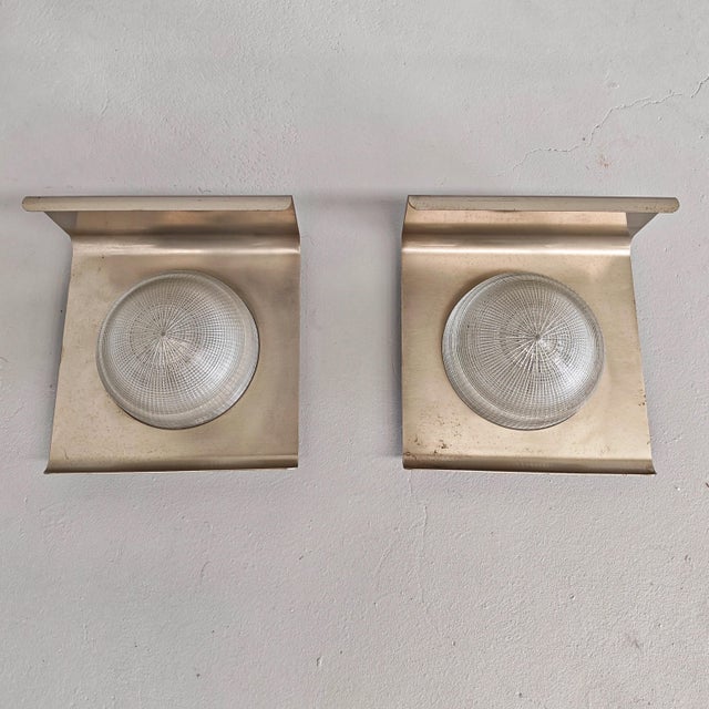 Wall Lamps in Nickel-Plated Metal Sheet and Glass, 1960s, Set of 2 For Sale - Image 6 of 16