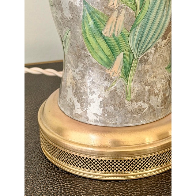 Mid-Century Modern Vintage Botanical Reverse-Decoupage Glass Table Lamp With Pierced Brass Base For Sale - Image 3 of 12
