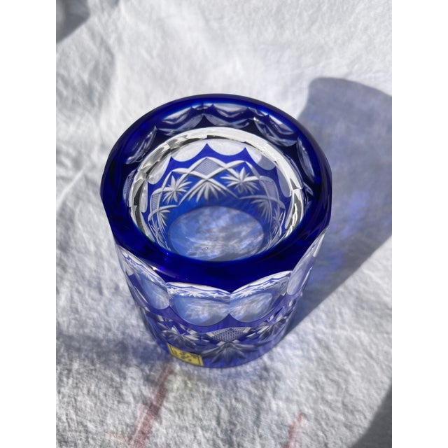 Japanese Mid 20th Century Blue Edo Kiriko Lowball Whiskey Glass For Sale - Image 3 of 7