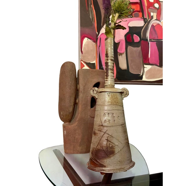 Abstract Signed 1970s Mid Century Brutalist Abstract Ceramic Bottle Neck Vase / X-Large Sculptural Modernist Art Studio Pottery Vessel For Sale - Image 3 of 13