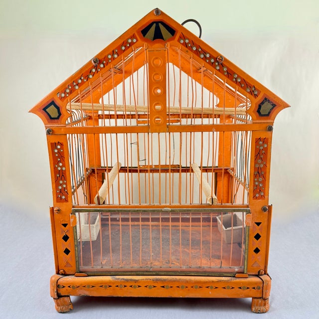 Art Deco Orange Japanned Metal Bird Cage, Hand-Painted, Circa 1900-1920 For Sale In Philadelphia - Image 6 of 18