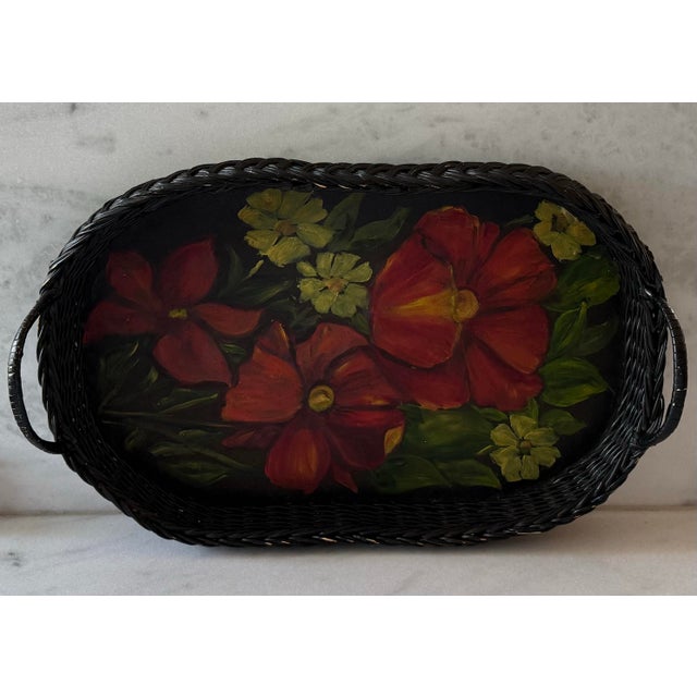 Vintage Oval Wicker Serving Tray With Hand Painted Floral Design For Sale - Image 4 of 9