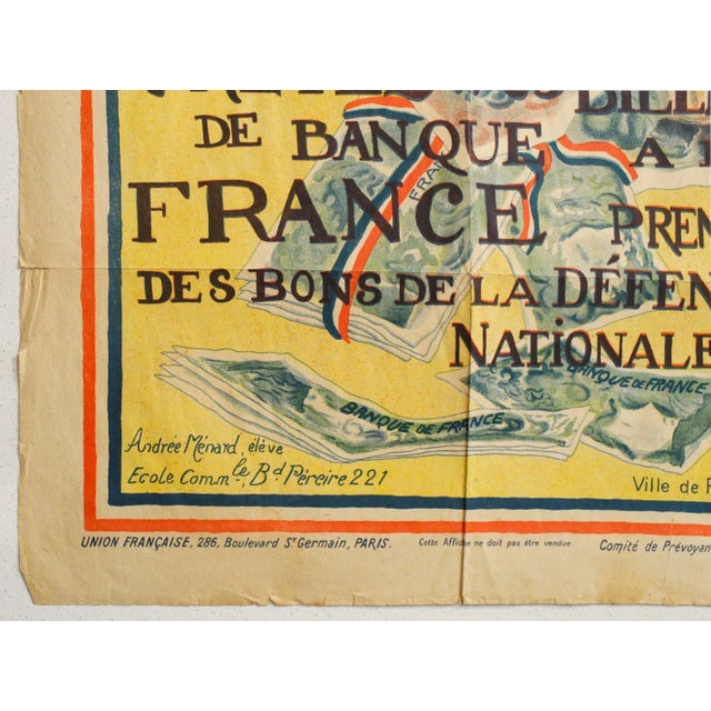 1916 French War Poster, "Prêtez Vos Billets De Banque À La France, Prenez Des Bons De La Défense Nationale" - Andrée Ménard For Sale - Image 4 of 6