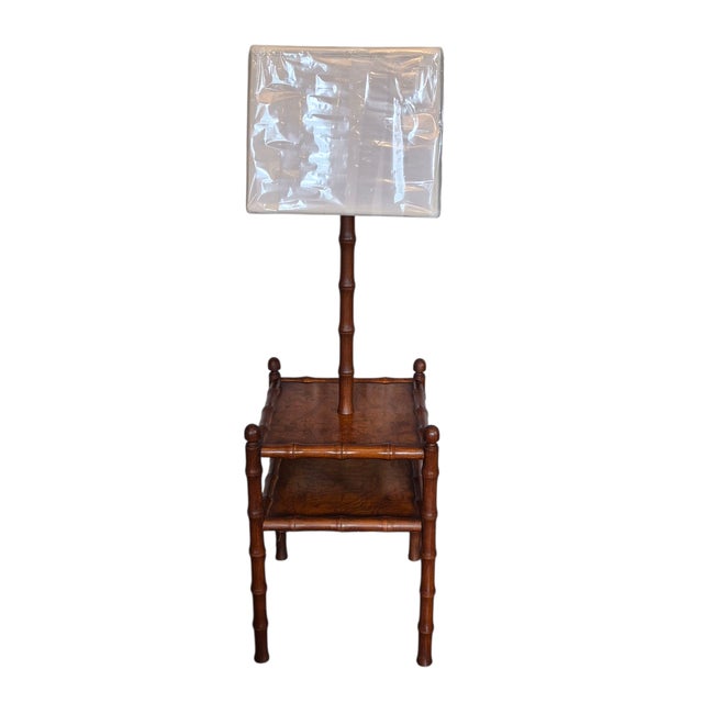 Late 20th Century Faux Bamboo Fruitwood Burlwood Canterbury Style End Table Floor Lamp W/Shade For Sale - Image 11 of 11