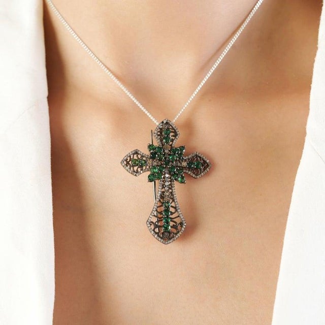 Not Yet Made - Made To Order Art Deco-Inspired Emerald Diamond Cross Brooch Cum Pendant- Best for Gifting For Sale - Image 5 of 14