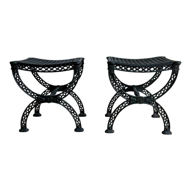 Pair of Restoration Hardware "19th C. French Iron" Curule Stools For Sale