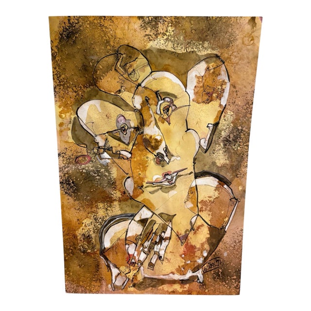 1972 Arzen (Signed) Mid-Century Modern Abstract Figurative Sepia Ink & Watercolor Painting on Paper – Unframed For Sale