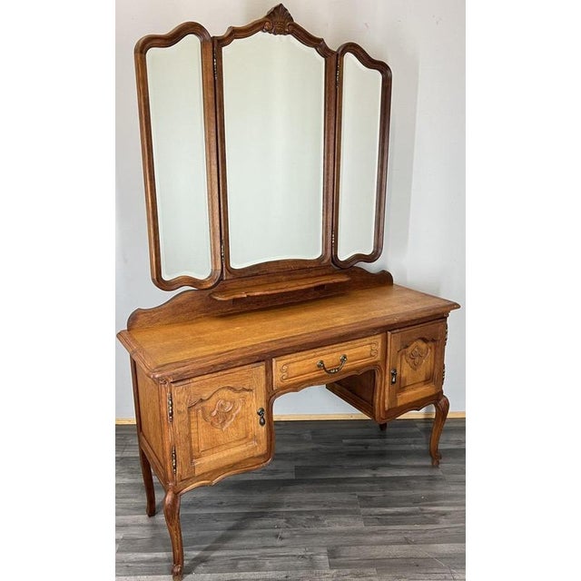 Vintage French Louis Style Oak Dressing Table with Mirror For Sale - Image 14 of 14