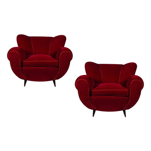 Set of Mid-Century Red Velvet Lounge Chairs, 1940s For Sale