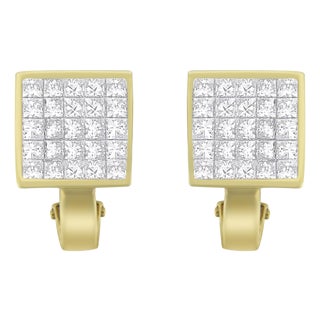 14K Yellow Gold 3-1/5 Cttw Princess Cut Diamond �� Square Invisible Set Grid Huggy Style Omega Back Stud Earrings (G-H Color, VS1-VS2 Clarity) For Sale