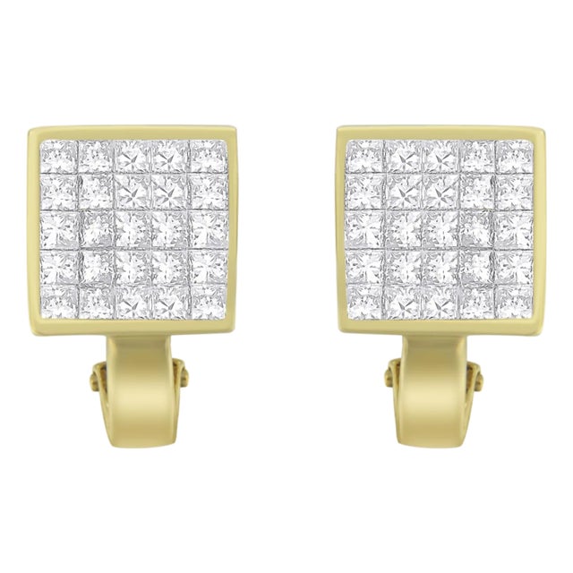 14K Yellow Gold 3-1/5 Cttw Princess Cut Diamond �� Square Invisible Set Grid Huggy Style Omega Back Stud Earrings (G-H Color, VS1-VS2 Clarity) For Sale