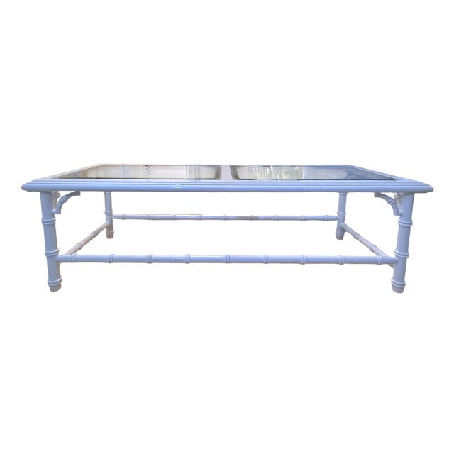 A beautifully refinished vintage faux-bamboo coffee table, freshly lacquered in Benjamin Moore Super White (high-gloss)...