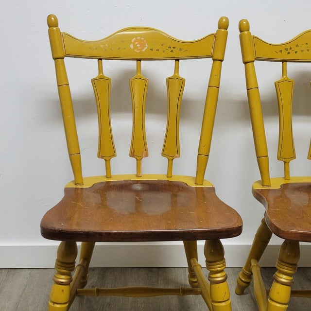 Wood Antique Temple-Stuart Mustard Painted Country Dining Chairs, Set of 4 For Sale - Image 7 of 14