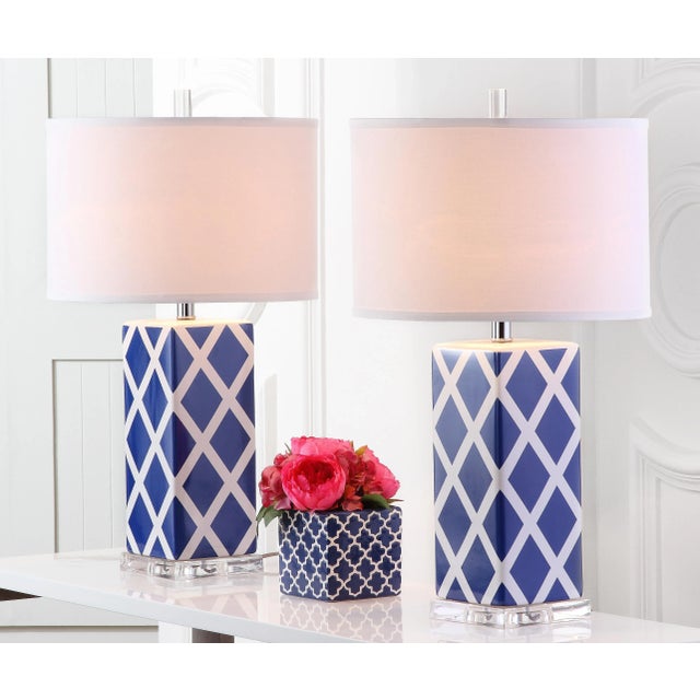 Navy Blue 27 Inch H Lattice Table Lamp in Navy - a Pair For Sale - Image 8 of 9