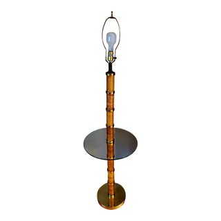 Vintage Hollywood Regency Wrapped Rattan and Brass Floor Lamp For Sale