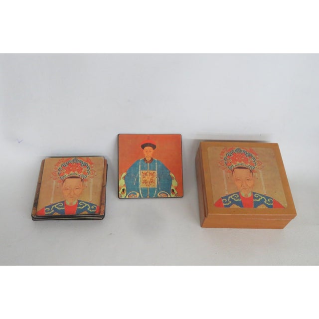 Brown Mid 20th Century Chinoiserie Boxed Set of 6 Square Coasters Chinese Ancestor Portrait Motif For Sale - Image 8 of 15