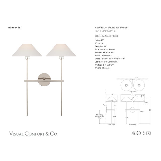 2020s J. Randall Powers for Visual Comfort Signature Hackney 25" Double Tail Sconce in Polished Nickel with Linen Shades For Sale - Image 5 of 6
