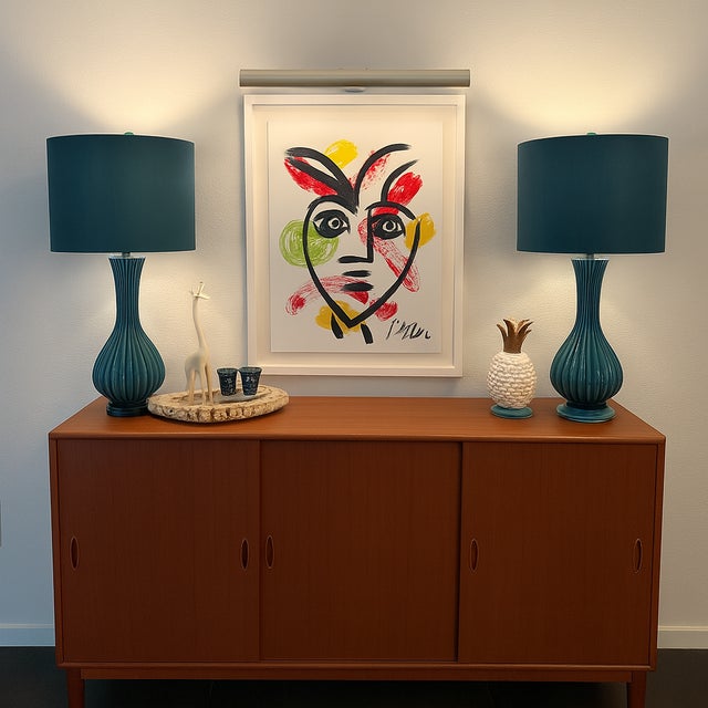 A bold and graphic abstract portraiture, this original acrylic on canvas painting by German artist Peter Robert Keil,...