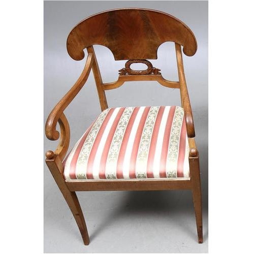 Swedish Biedermeier Empire pair of beautiful carver chairs in highest grade quilted mahogany veneers finished in the...