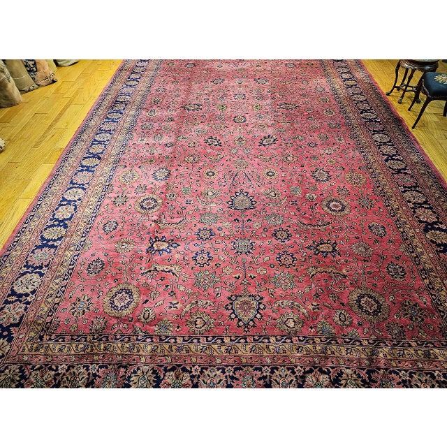 Vintage Oversize Tabriz Design Rug, Hand-Knotted Wool, Allover Geometric Pattern, Pale Red & Navy, 13x24 For Sale - Image 4 of 16