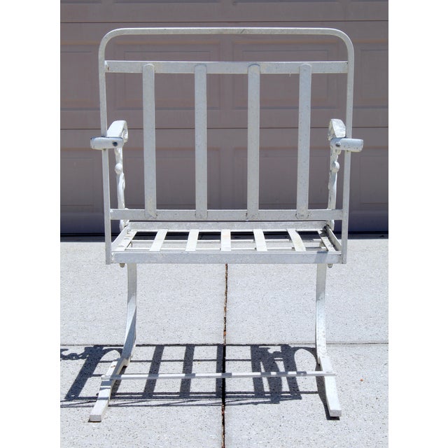 Vintage 1950s Cast Aluminum Patio Set | 5-Piece Outdoor Seating | Rocker Chairs + Bench + Glass Top Table | Hollywood Regency Garden Furniture For Sale - Image 12 of 18