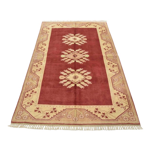 Milas Rug 5'4'' X 7'9'' Red Wool Vintage Hand-Knotted Oriental Carpet For Sale