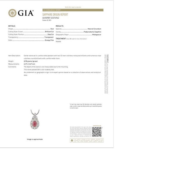 1.32 Carat Padparadscha Sapphire Diamond Platinum Halo Pendant Necklace, Gia For Sale - Image 9 of 9