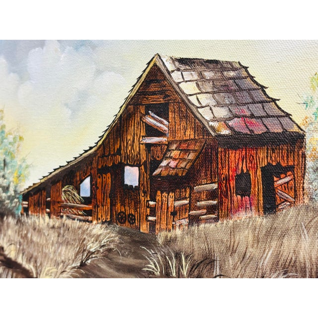 Farmhouse Signed Cooper Rustic Barn Landscape Oil Painting in Wood Frame For Sale - Image 3 of 12