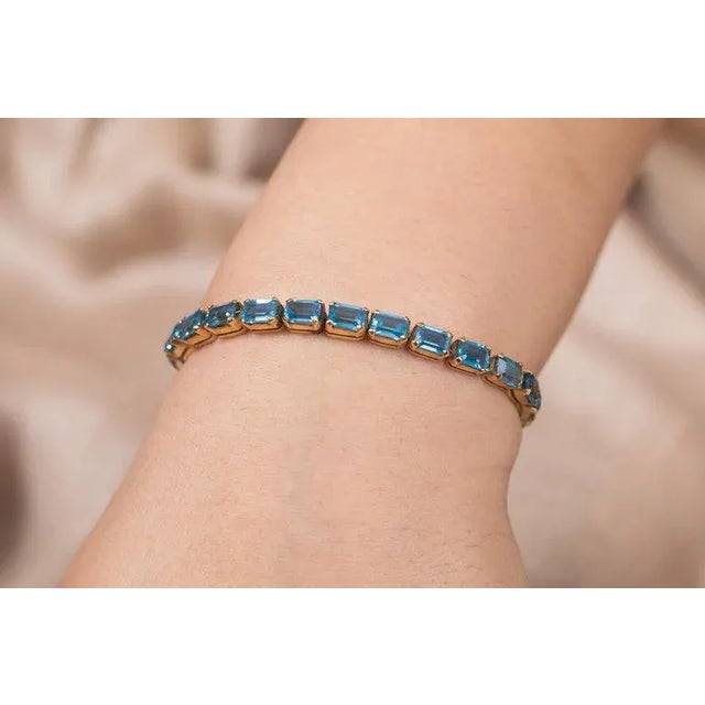 Metal 18k Yellow Gold 18.5ct Blue Topaz Byzantine Tennis Bracelet by VRJewels For Sale - Image 7 of 14