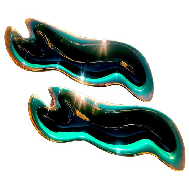 1950s 1950s Large BIomorphic Emerald and Parcel Gilt Ceramic Centerpiece Bowls - a Pair For Sale - Image 5 of 12