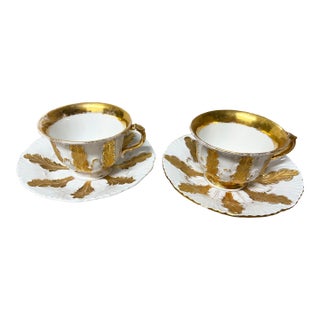 Antique Meissen Acanthus Leaf Espresso/ Demi Tesse 2 Cups/Saucer Sets - 4pcs For Sale