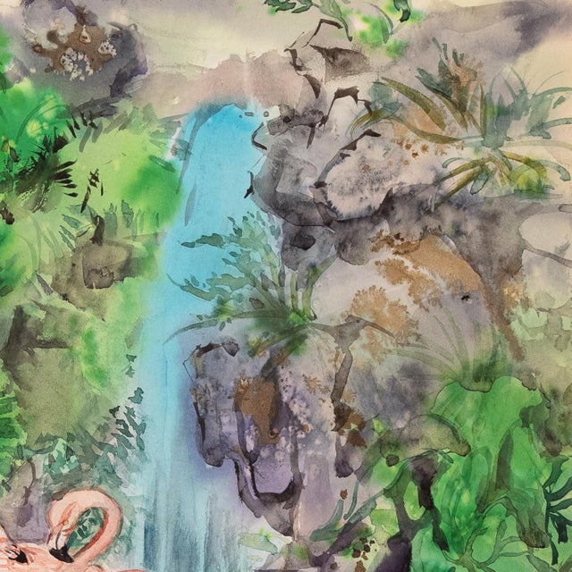 'Pink Flamingos by a Waterfall' by Lois Elaine Green Cohen, Mid-Century California Woman Artist, Chouinard For Sale In Monterey, CA - Image 6 of 8