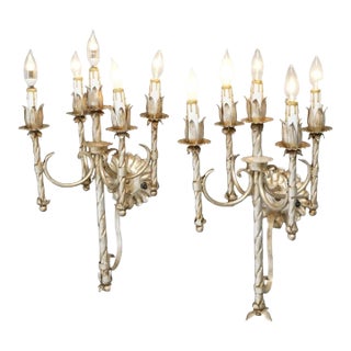 Antique Arts & Crafts Gothic Silvered Finish Candelabra Wall Sconces 20th C For Sale