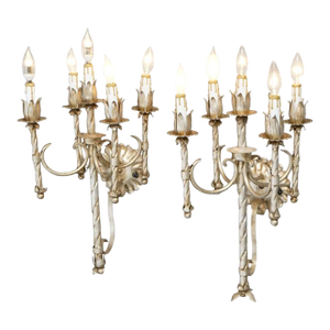 Antique Arts & Crafts Gothic Silvered Finish Candelabra Wall Sconces 20th C