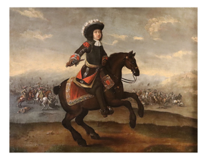 Frans van Der Meulen, Equestrian Portrait with Battle Scene, 1700s, Oil on Canvas